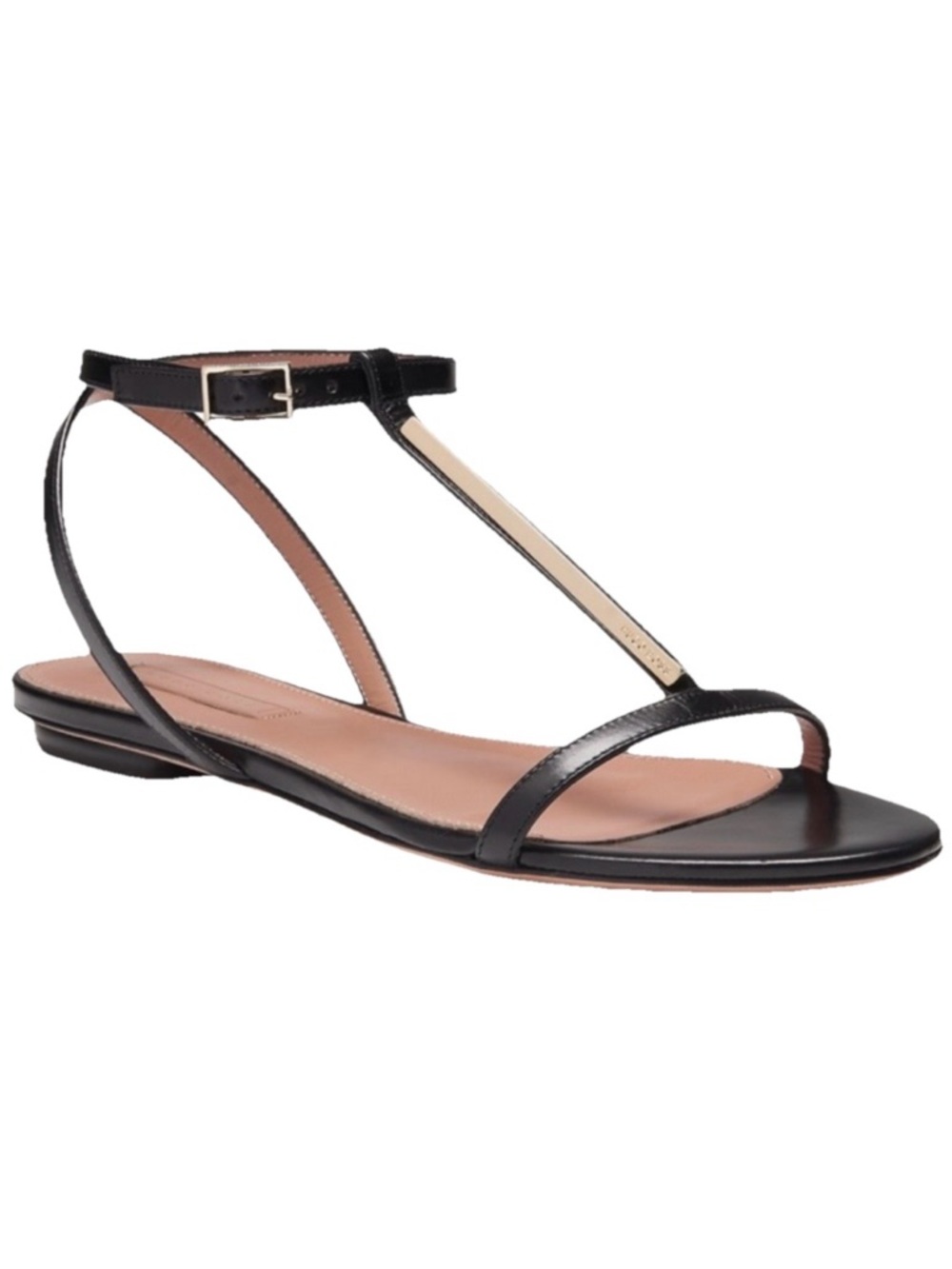 Hugo Boss Black Leather T-Strap Flat Sandals with Gold Accent
